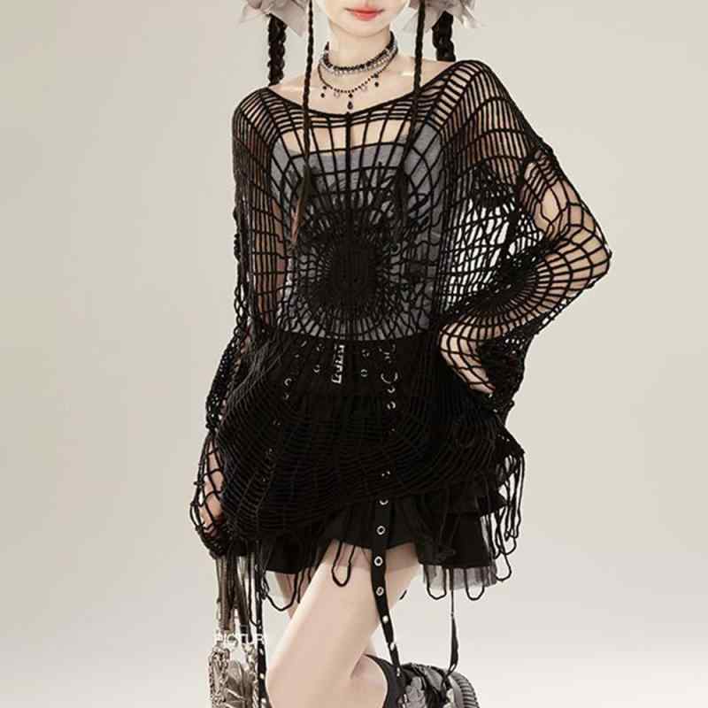 ニット レディース Y2K カーディガン ストリート クール 接触冷感 ポリエステル 蜘蛛の巣柄 ブラック 黒色 アウター トップス 長袖