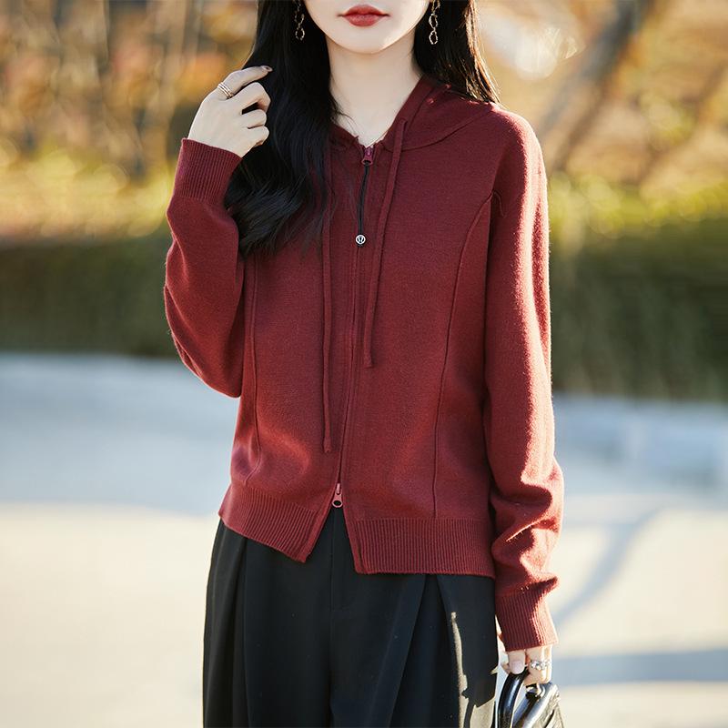 ニット カーディガン レディース ウール 長袖 パーカー 前開き トップス 秋冬 羽織り クリスマス レッド グレー