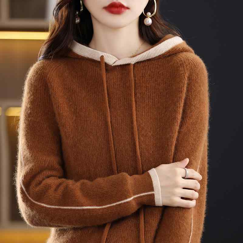 ニット・セーター レディース 秋冬 ウール混紡 プルオーバー パーカー 配色 ミディアム丈 あったか 通勤着 レイヤードスタイル カジュアル きれいめ