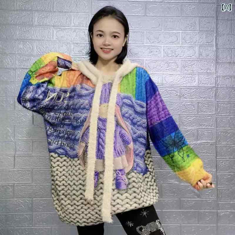 ニット レディース 長袖 水貂绒 セーター 秋冬 ゆったり かわいい ブルー 厚手 トップス チュニック 暖かい プルオーバー ドロップショルダー アニメキャラクター プリント カジュアル 普段使い