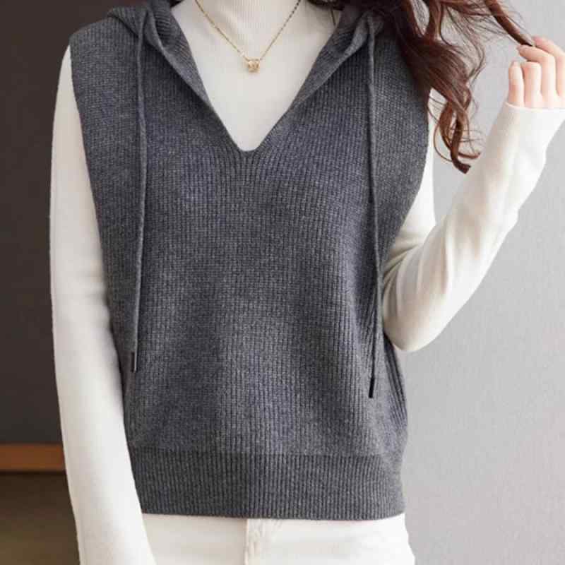 パーカー レディース ノースリーブ ベスト ニット トップス 高見え ゆったり ハイウエスト ショート丈 プルオーバー カットソー 綿 ポリエステル レイヤード風 ドッキング カジュアル 韓国ファッション 秋冬