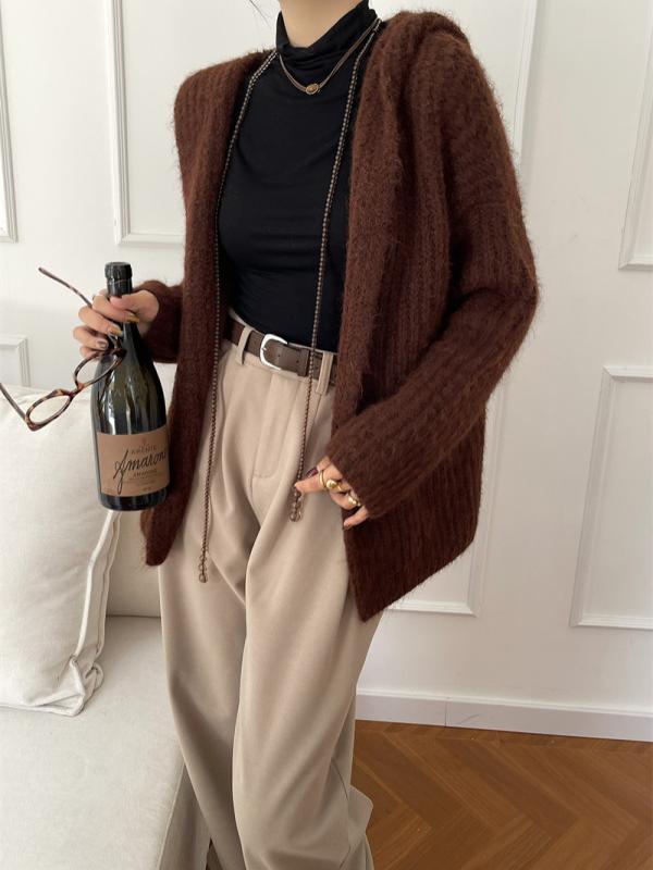 ニット レディース カーディガン ウール混紡 厚手 フード付き 暖かい ゆったり 体型カバー 長袖 ミルクホワイト オートミール ダークブラウン 普段使い 韓国風