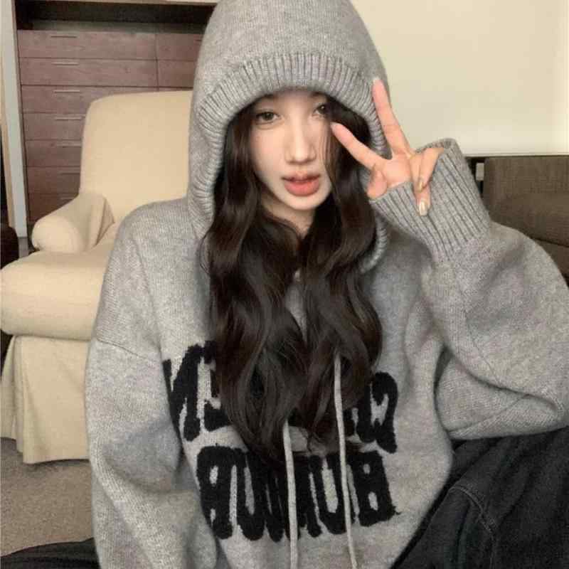 ニット レディース 秋冬 プルオーバー パーカー 長袖 トップス ゆったり かわいい カジュアル 韓国風 普段使い 部屋着 グレー ブラック ホワイト レッド