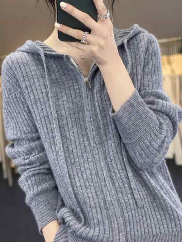 パーカー レディース ニットカーディガン 秋冬 小柄 上着 羽織り ポリエステル 無地 フード付き ジップアップ ミドル丈 アイボリー カーキ ブルー ブラック