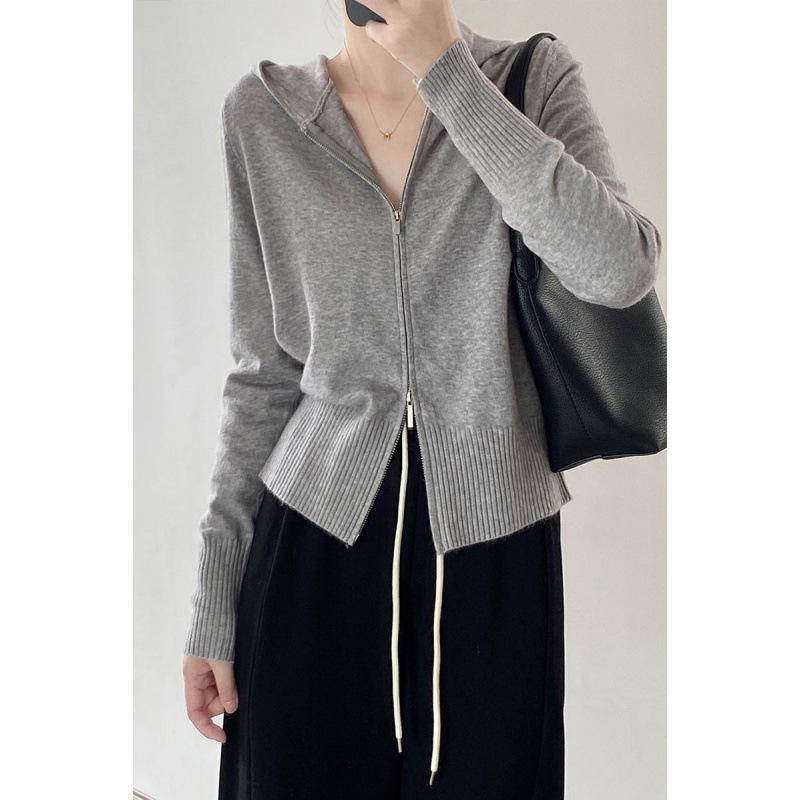 パーカー レディース 春秋 ニット カーディガン スリム ジップアップ フード付き トップス 灰色 黒 長袖 接触冷感 伸縮性 通勤