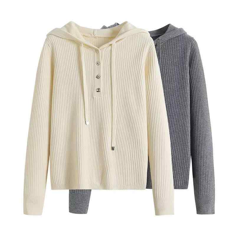 ニット レディース 長袖 フード付き プルオーバー トップス カットソー カジュアル 日韓スタイル 無地 白 グレー