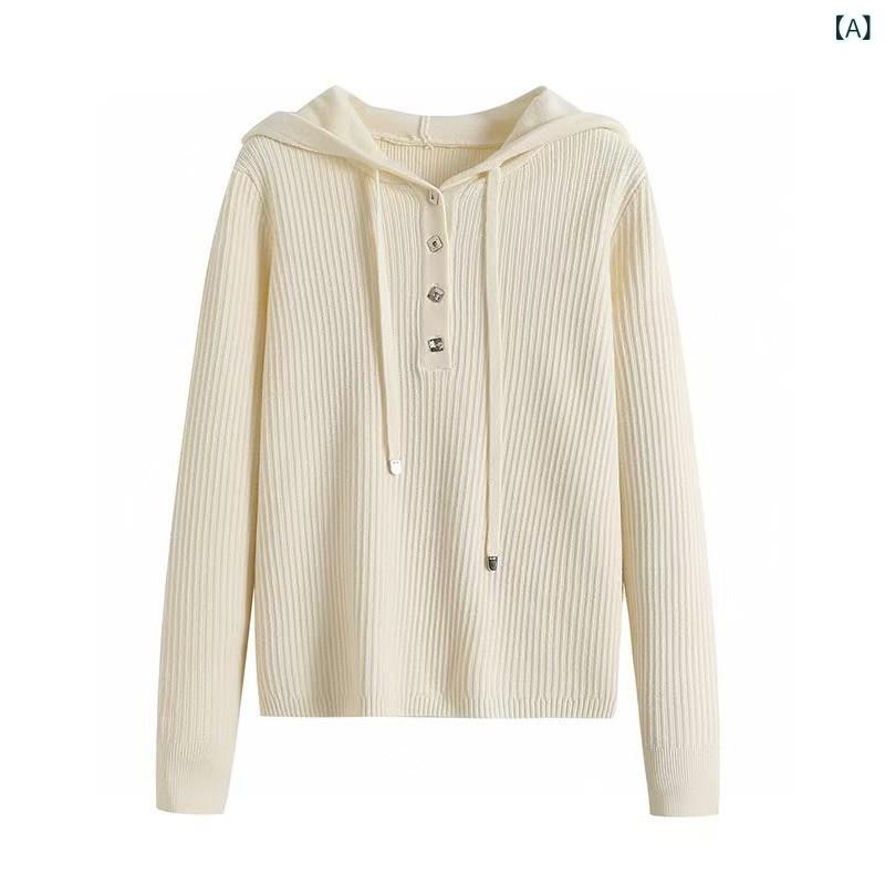 シャドーテールのニット レディース 長袖 フード付き プルオーバー トップス カットソー カジュアル 日韓スタイル 無地 白 グレー｜アングル2