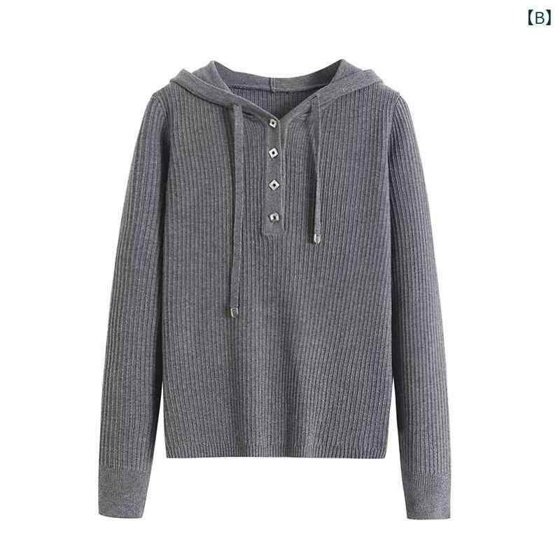 シャドーテールのニット レディース 長袖 フード付き プルオーバー トップス カットソー カジュアル 日韓スタイル 無地 白 グレー｜アングル3