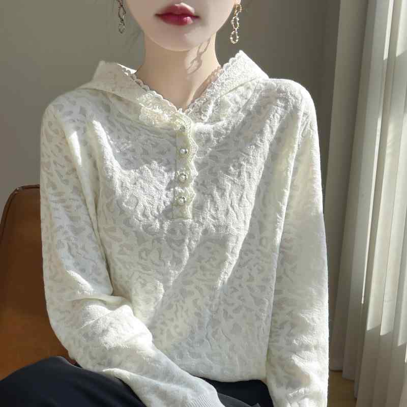 ニット レディース 春物 羊毛 シルク混紡 フード付き レース トップス プルオーバー 黒 白 M L XL ゆったり 普段使い 通勤 きれいめ