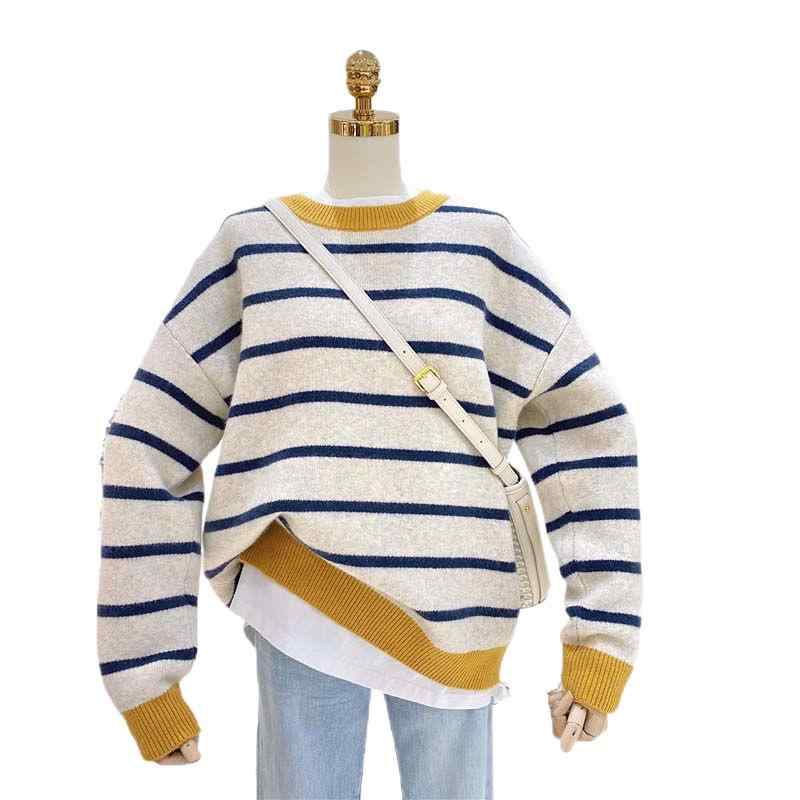 ニット レディース 秋冬 長袖 ストライプ トップス セーター ゆったり 体型カバー 大きいサイズ 婦人服 ラウンドネック 通勤 普段使い かわいい