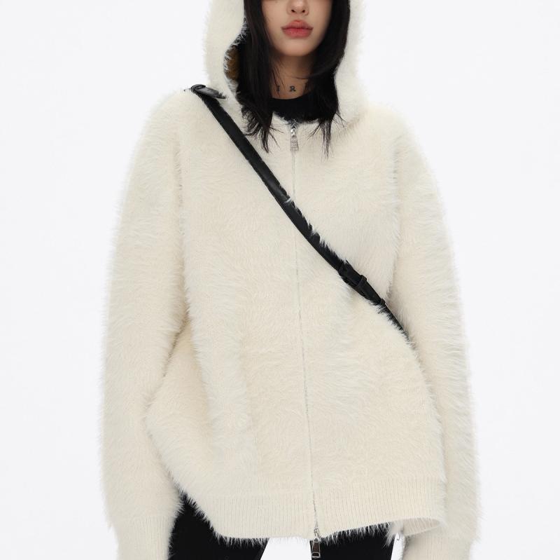 ニット レディース カーディガン 秋冬 厚手 ミンク風 黒色 ニットアウター 羽織り 長袖 フード付き 接触冷感 伸縮性 普段使い 韓国風