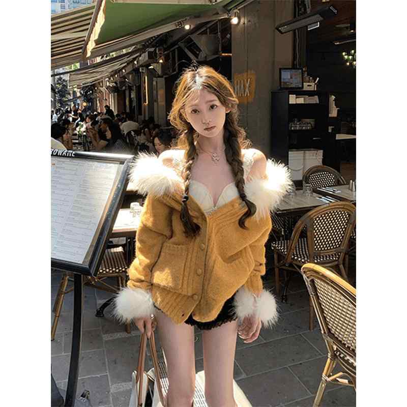 ニット レディース カーディガン 秋冬 長袖 パーカー 接触冷感 伸縮性 かわいい イエロー系 普段使い デート