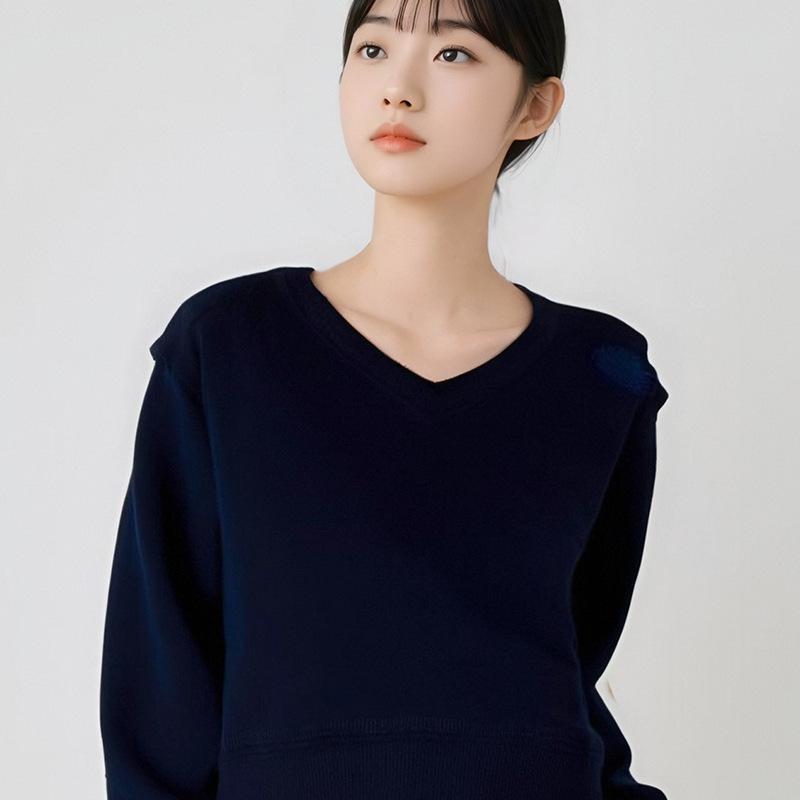 ニット レディース ゆったり Vネック 長袖 プルオーバー チュニック トップス ウール 混紡 無地 紺色 ネイビー系 秋冬