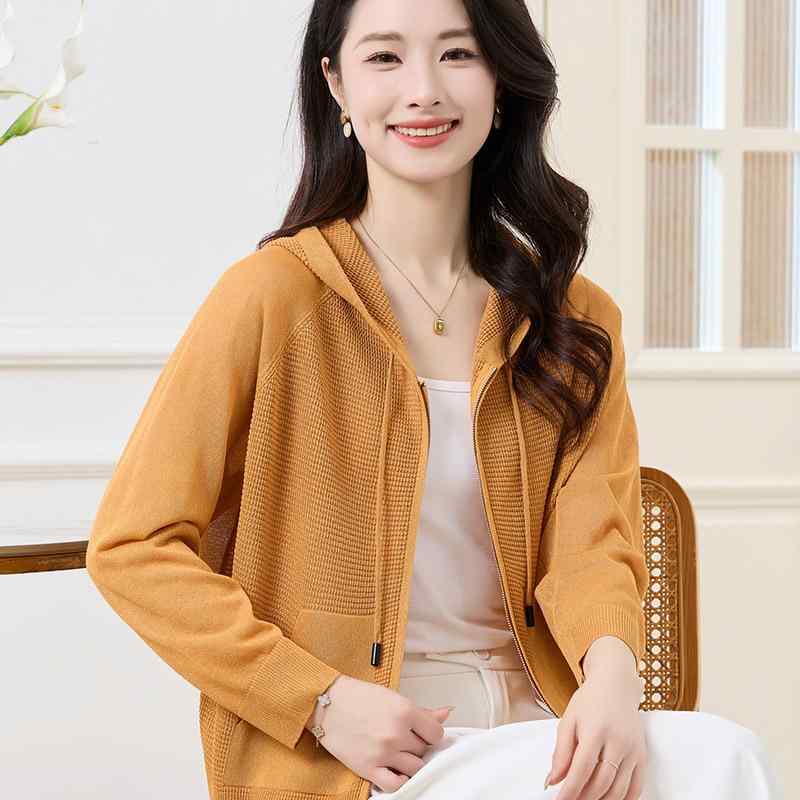 ニットカーディガン レディース 春夏 薄手 フード付き 無地 ルーズフィット アウター トップス 接触冷感 再生繊維 快適 普段使い 通勤