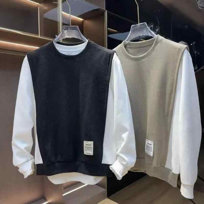 スウェット 男性用 切り替え 配色 ラウンドネック プルオーバー トップス 秋冬 普段使い ルームウェア