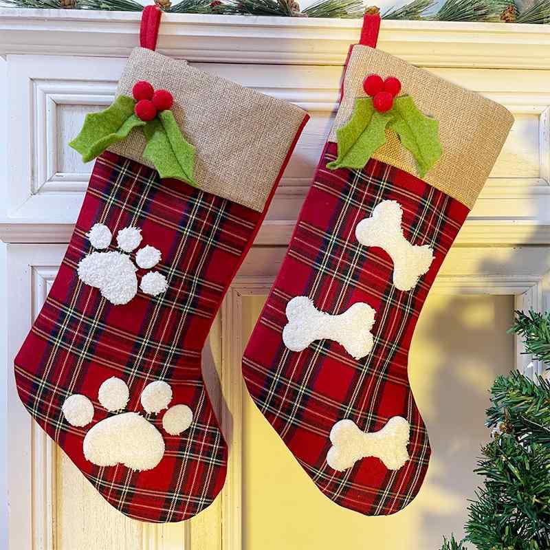 乐天商城 - クリスマス 靴下 犬 赤 緑 チェック ギフトバッグ クリスマスツリー オーナメント 布製 カートゥーン