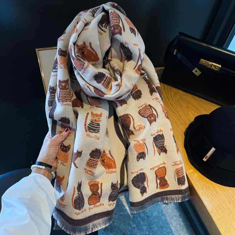 マフラー レディース 猫柄 秋冬 ショール 暖かい ストール ひざ掛け かわいい アクリル ミドル丈 森ガ..