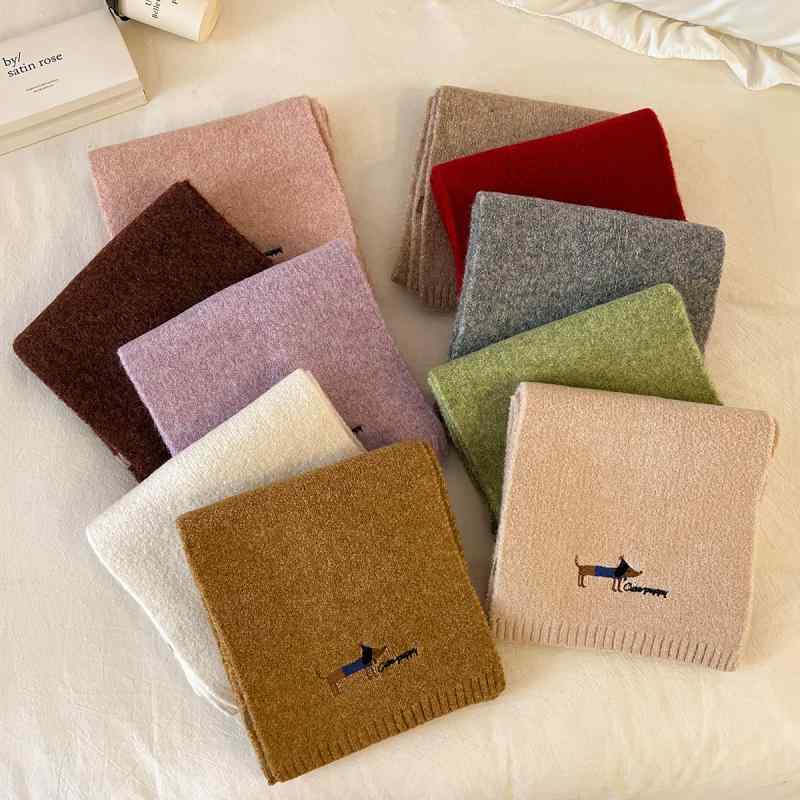 マフラー レディース ウール混紡 ニット 犬柄 刺繍 秋冬 防寒 保温 厚手 個性的 ベージュ グレー レッ..