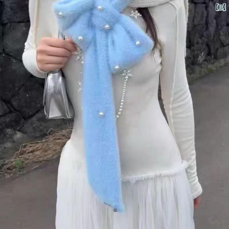 マフラー レディース かわいい 暖か 冬 学生 韓国風 ビーズ 蝶結び ポリエステル ショール ミルクティー ベージュ ブルー ピンク系