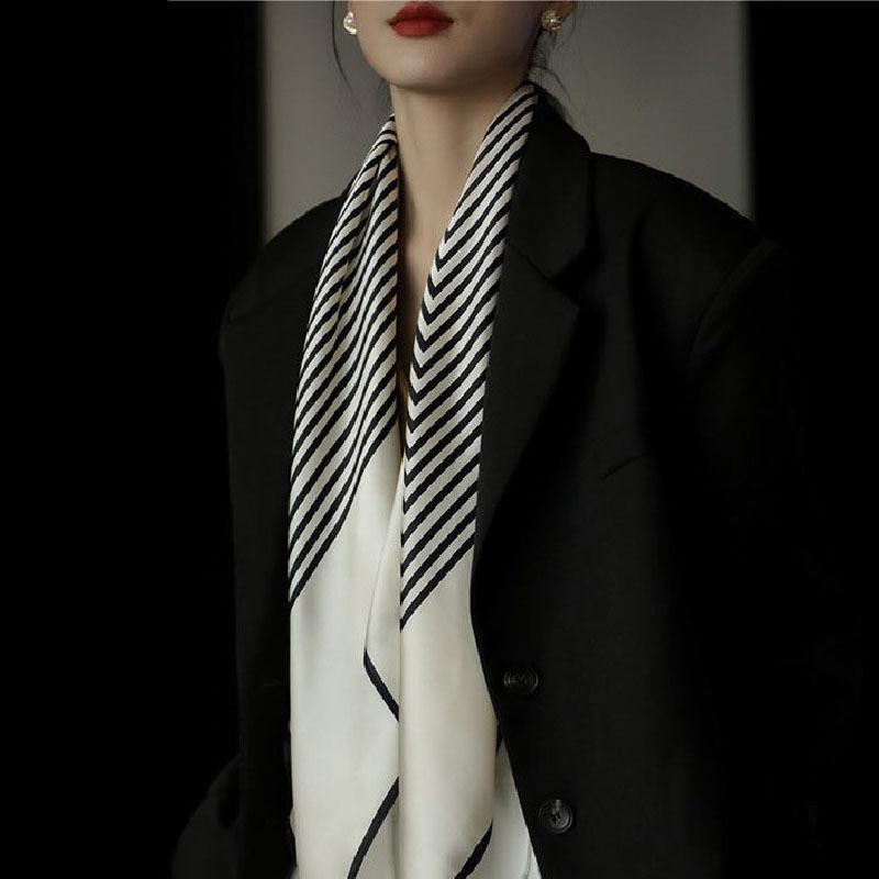 スカーフ 大判 正方形 オフィス ショール 米白ストライプ 黒白 90×90cm ポリエステル混紡 春夏秋冬 オールシーズン