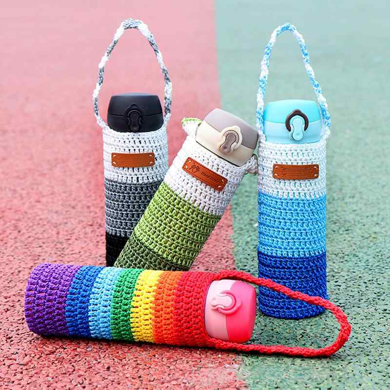 グラスカバー 断熱 落下防止 グラス 保温 水筒 保護カバー 手編み グラデーション 密編み 500ml