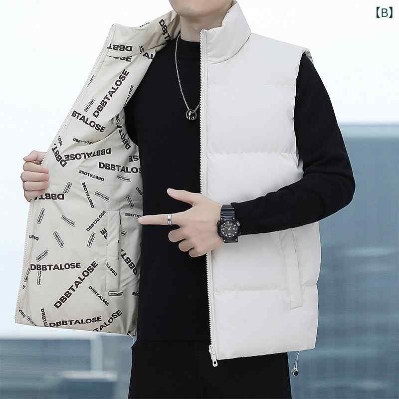 ダウンベスト 男性用 中高年向け 防寒着 両面着用可能 ノースリーブ ジャケット ゆったり 立ち襟 ポリエステル 無地 ブラック カーキ ブルー 秋冬