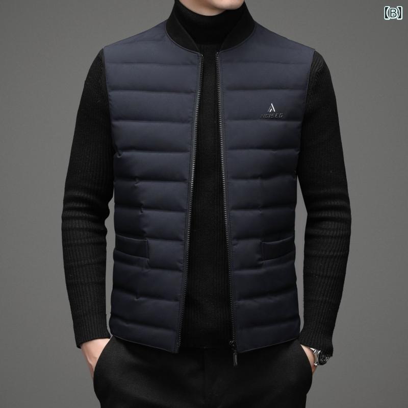 ダウンベスト 男性用 中年 冬服 ファッション カジュアル シンプル 無地 ポリエステル 立ち襟 防寒 暖かい
