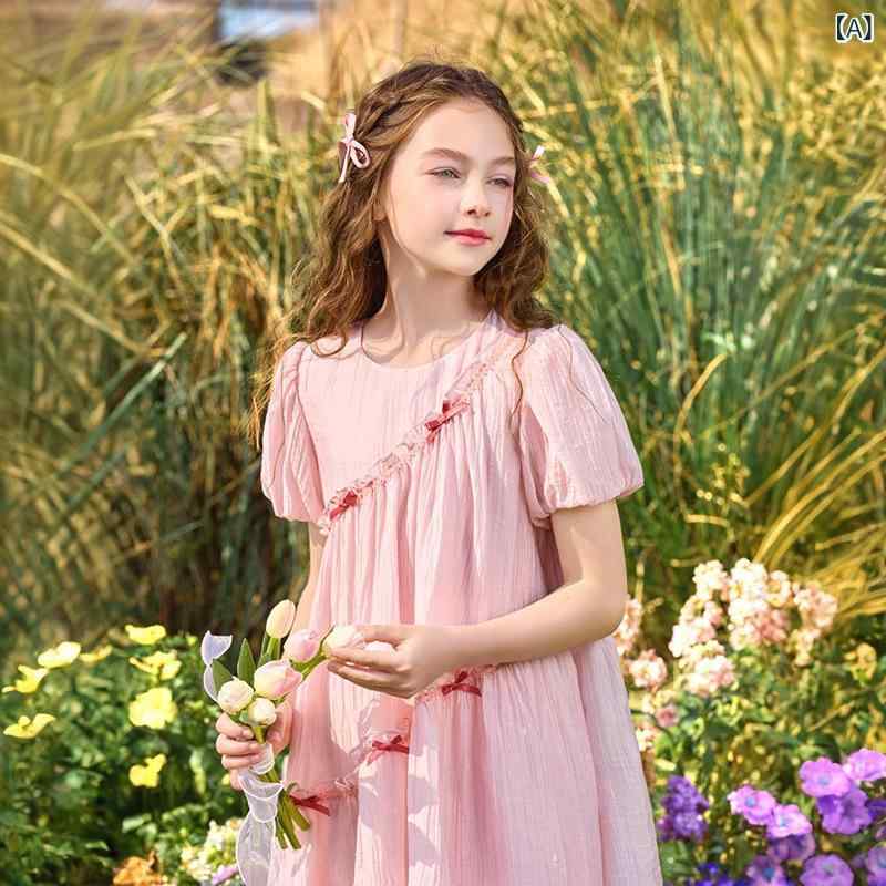 シャドーテールのワンピース 女の子 子供服 ピンク Aライン 膝丈ワンピース 半袖 接触冷感 ゆったり かわいい 120 130 140 150 160 170｜アングル2