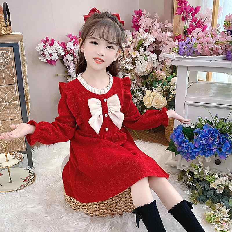 Rakuten - ワンピース キッズ 女の子 コーデュロイ プリンセスドレス 長袖 Aライン 膝丈 蝶結び かわいい おしゃれ レッド ピンク系 秋冬
