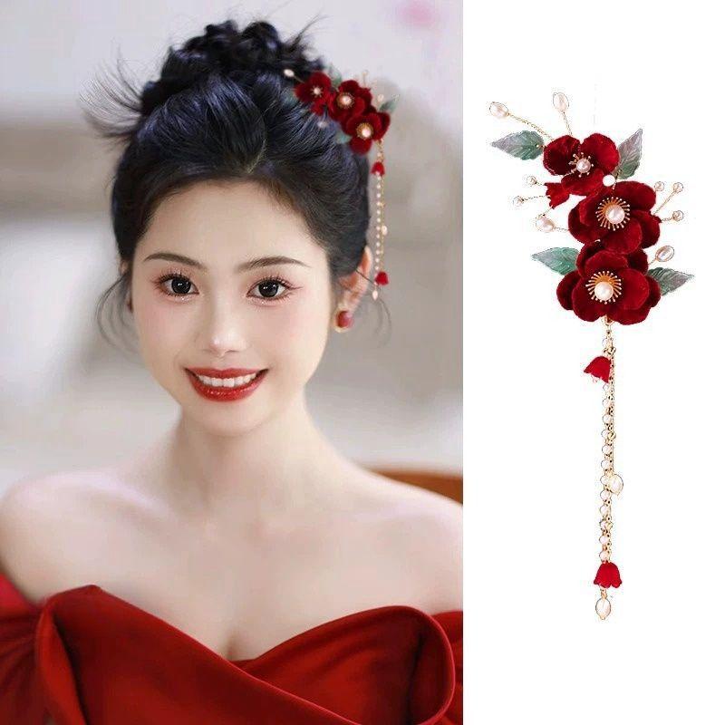 ヘアピン レディース ブライダル 髪飾り 赤色 山茶花 サイド クリップ エレガント 結婚式 パーティー ..