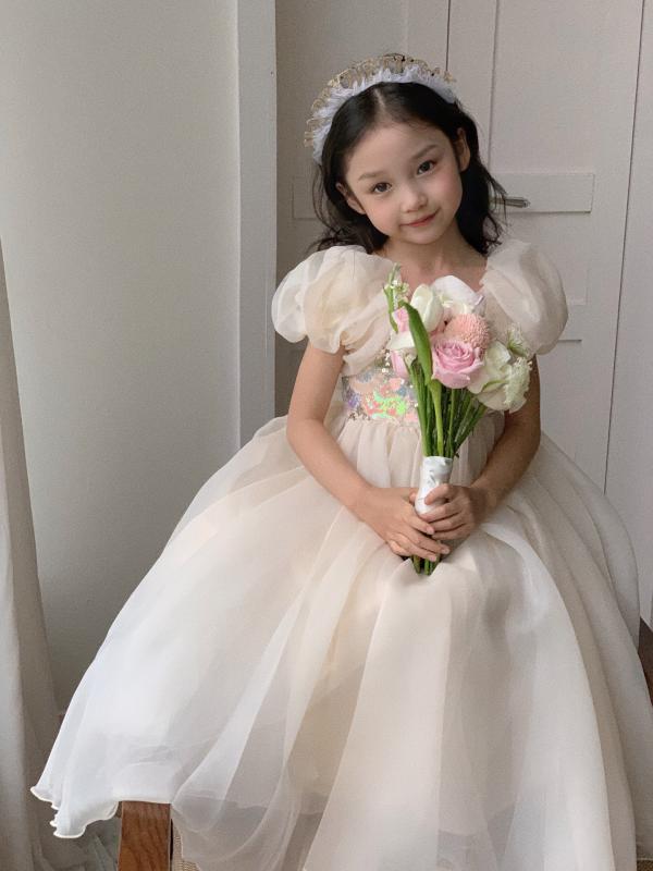 ワンピース 女児 子供 ドレス 泡袖 プリンセス 誕生日 結婚式 パーティー リボン ポリエステル混紡 100cm 110cm 120cm 130cm 140cm 150cm