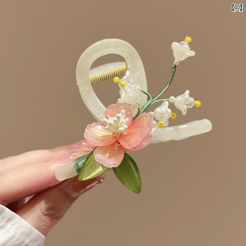 ヘアクリップ レディース 花柄 玉白赤 墨黒白 翠绿白 墨紫藍 玉白紫 髪飾り ヘアア...