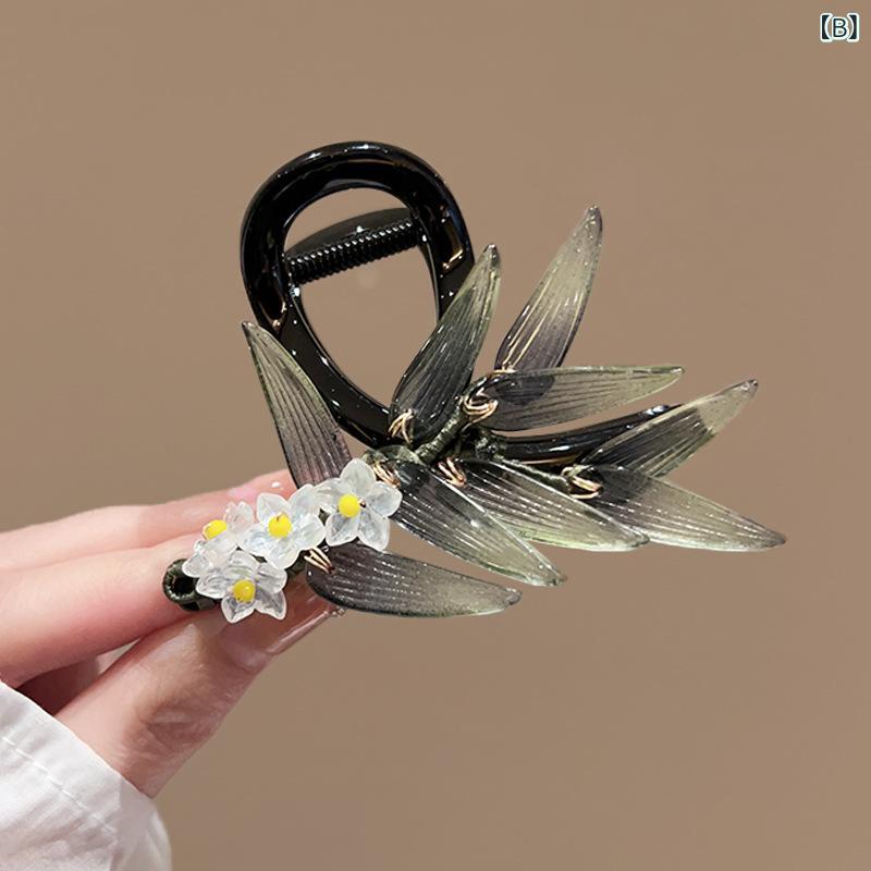 ヘアクリップ レディース 花柄 玉白赤 墨黒白 翠绿白 墨紫藍 玉白紫 髪飾り ヘアア...