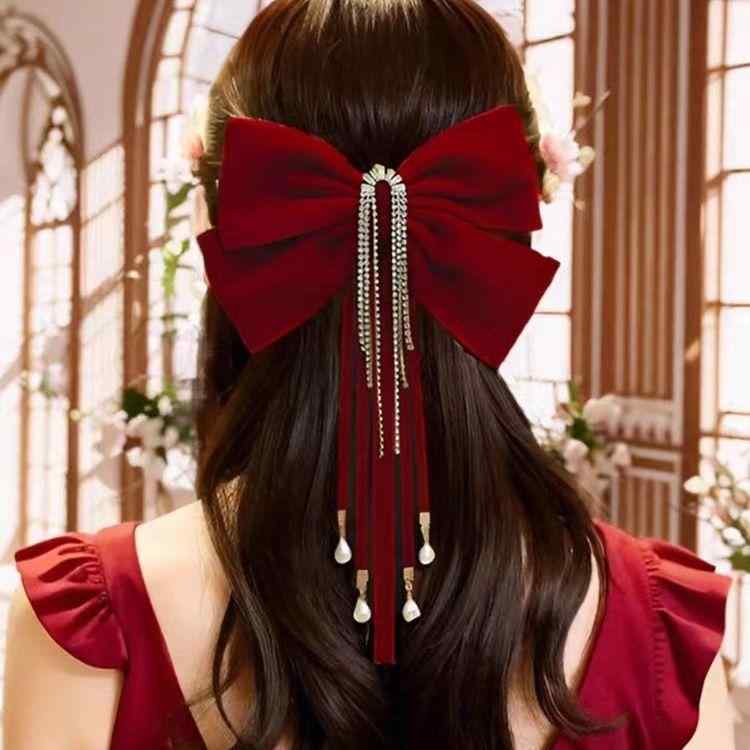 Valletta, Pattin - ヘアアクセサリー レディース 髪飾り 赤 蝶 リボン パール ヘアクリップ 結婚式 パーティー お呼ばれ フォーマル かわいい 上品