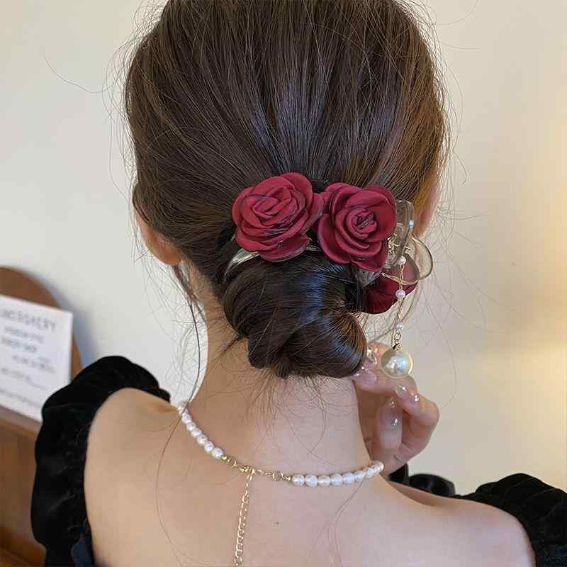 ヘアクリップ レディース 花飾り お団子ヘアメーカー バレッタ ヘアアクセサリー ヘアアレンジ まとめ髪 髪留め 雑貨 樹脂製 赤 薔薇色 茶色 韓国風 かわいい