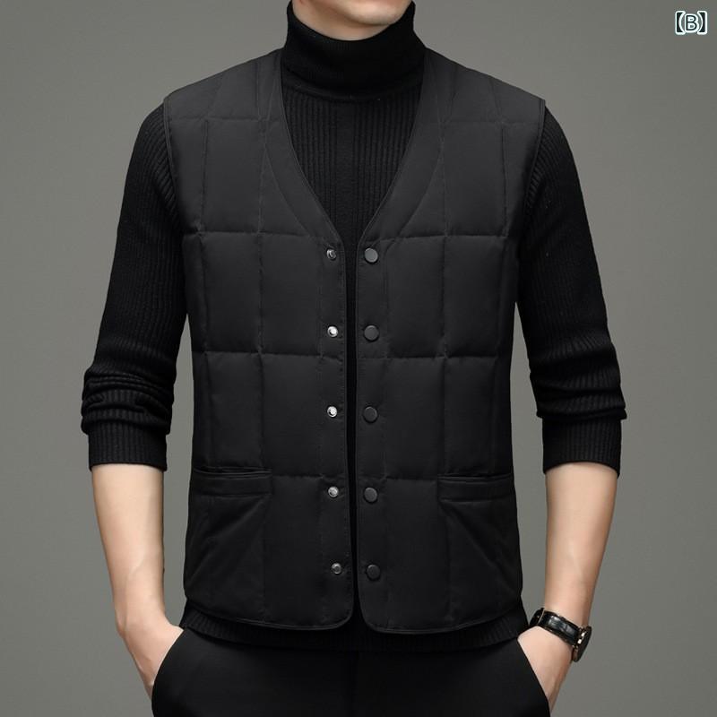 ダウンベスト 男性用 Vネック 秋冬 中綿入り 保温 紳士 ビジネス カジュアル 聚酯纤维 ネイビー ブラック