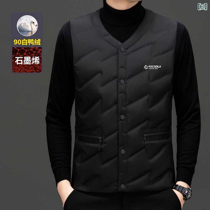 ダウンベスト メンズ 男性用 秋冬 Vネック ゆったり ビジネス カジュアル あったか 防寒 80% 90% 白ダックダウン ポリエステル 無地 ブルー ブラック カーキ