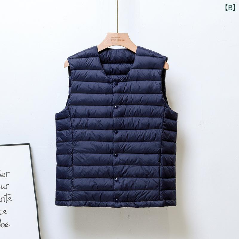 ダウンベスト 男性用 ライトダウン 襟なし 丸首 Vネック インナーダウン 大きいサイズ 薄手 防寒 暖かい グレー 紺色 ブルー系 カーキ ブラック 秋冬