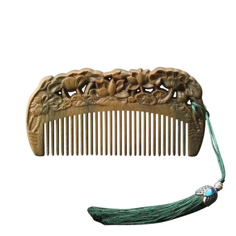 ヘアブラシ 木製 マッサージ 頭皮 経絡 疏通 緑檀 彫刻 花瓶 梅 孔雀 玫瑰 荷花