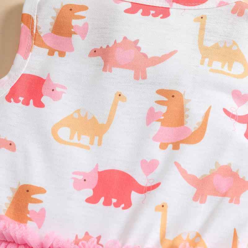 ワンピース キッズ服 女の子 子供服 恐竜プリント チュールスカート ノースリーブ 膝丈 プリンセスドレス ピンク系 グリーン系 80cm 90cm 100cm 110cm 120cm