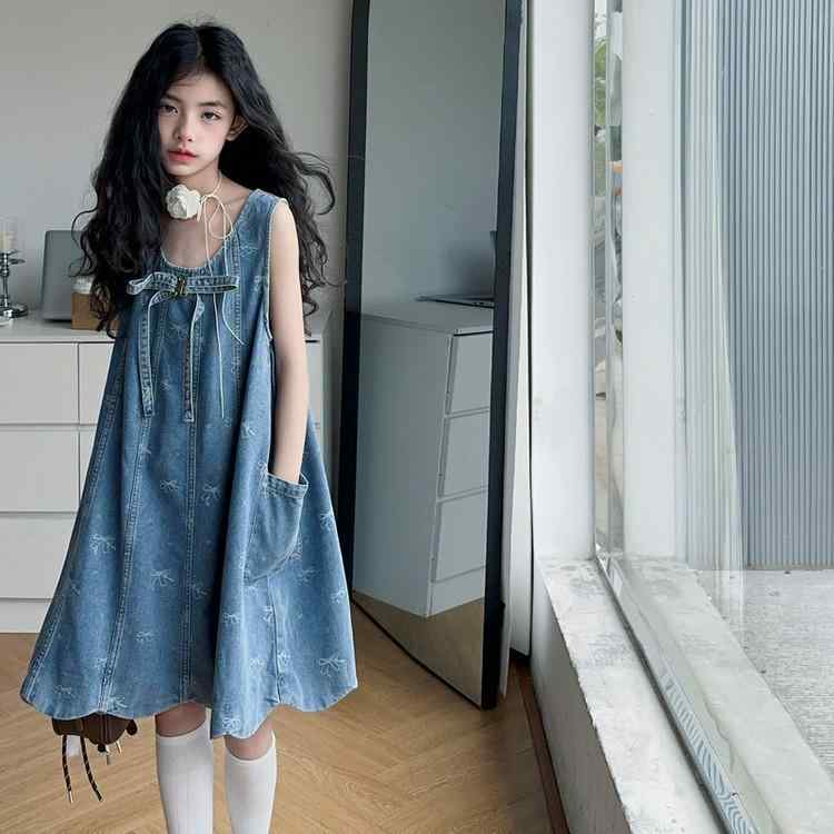 ワンピース 子供服 女の子 デニム ノースリーブ Aライン チュニック 膝丈 ミディアム丈 フレアスカート かわいい おしゃれ バタフライ 蝶結び 薄手 通学着 お出かけ着 ガールズ 女児 120 130 140 150 160