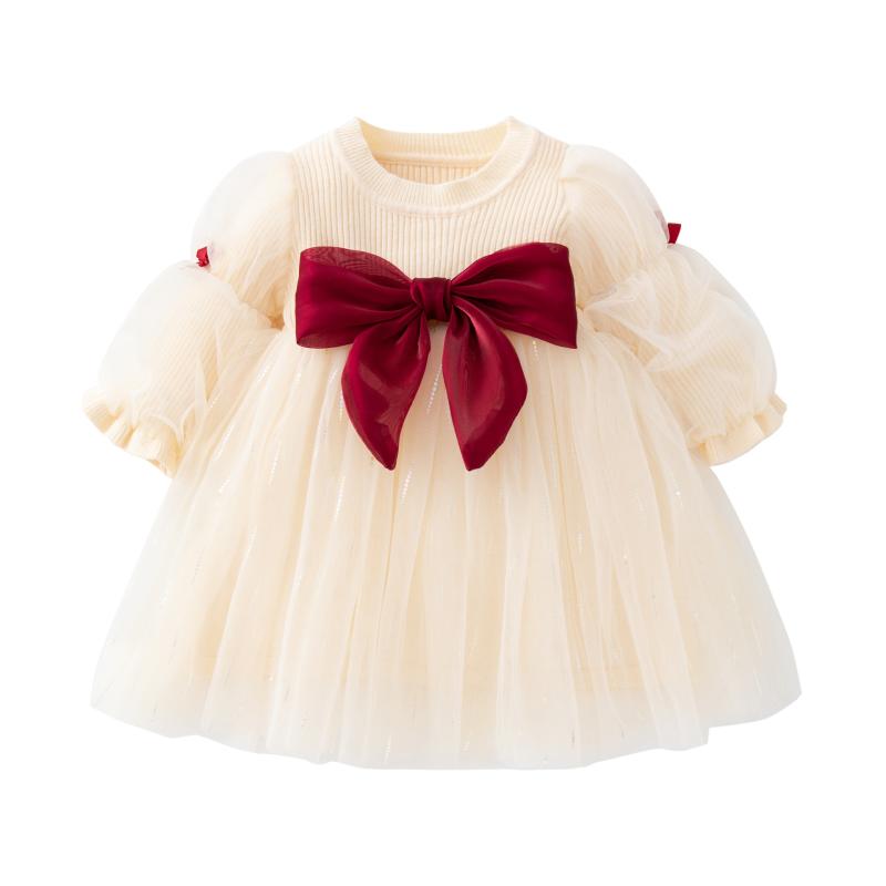 ワンピース 女児 1歳 2歳 3歳 プリンセス ニット チュールスカート Aクラス 綿 長袖 かわいい 冬 秋 レ..