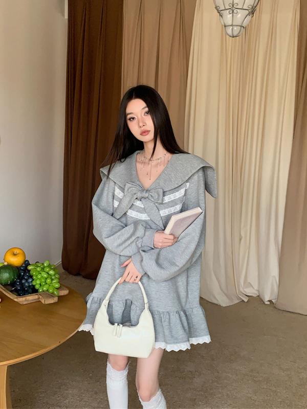 ワンピース レディース 水兵襟 リボン 結び レース 切り替え 裾 フリル 長袖 花灰色 ゆったり かわいい 普段使い デート