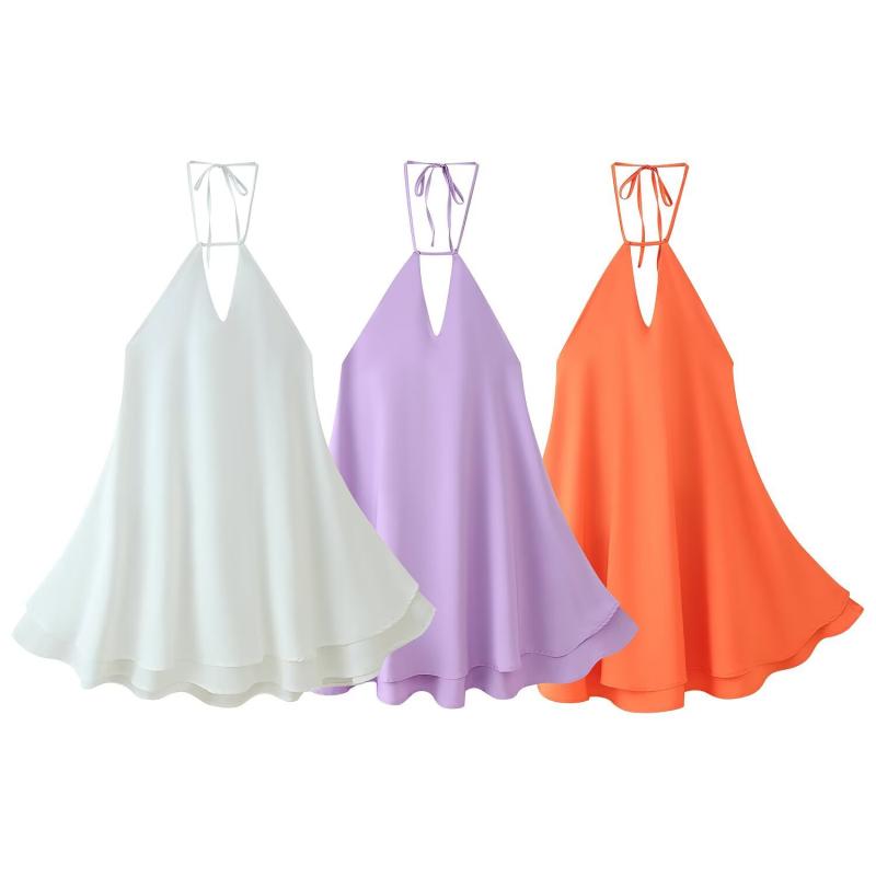 ワンピース レディース 無地 ホルターネック Vネック ノースリーブ 背中開き リボン Aライン ロングワンピース ポリエステル ストリー..