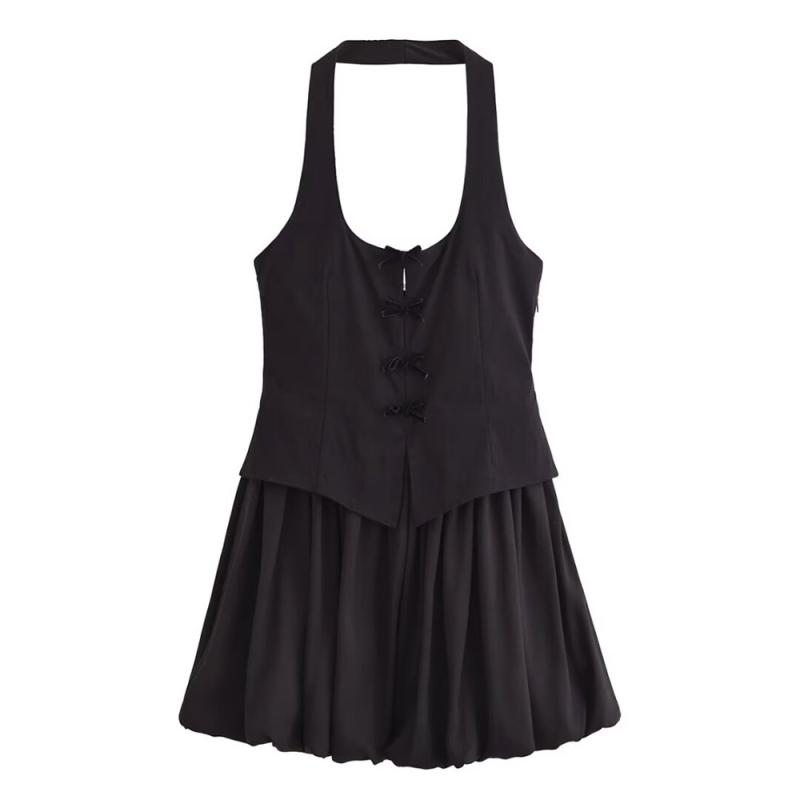 ワンピース レディース 幾何学模様 A字 無袖 ポリエステル ノースリーブ ミニワンピース ホルターネック ブラック 黒 接触冷感 小香風 パーティードレス