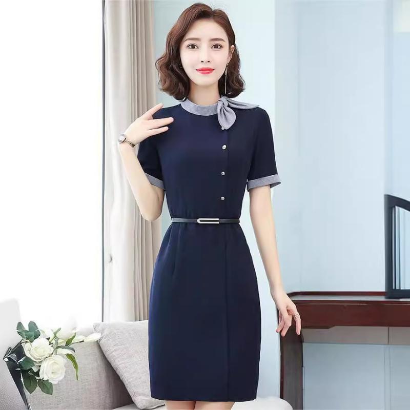 ワンピース レディース 膝丈 半袖 無地 包臀 ミドルウエスト 幼稚園 保育士 エステ ネイル サロン 受付 事務服 制服 通勤 オフィス OL 紺 ネイビー ポリエステル 綿 伸縮性 ストレッチ きれいめ 上品 かわいい