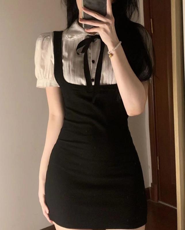 ワンピース レディース 春夏 半袖 接触冷感 吊りスカート付き 2点セット ポリエステル 切り替え ポロネック ミニ丈 タイト 中国風 かわいい フェミニン