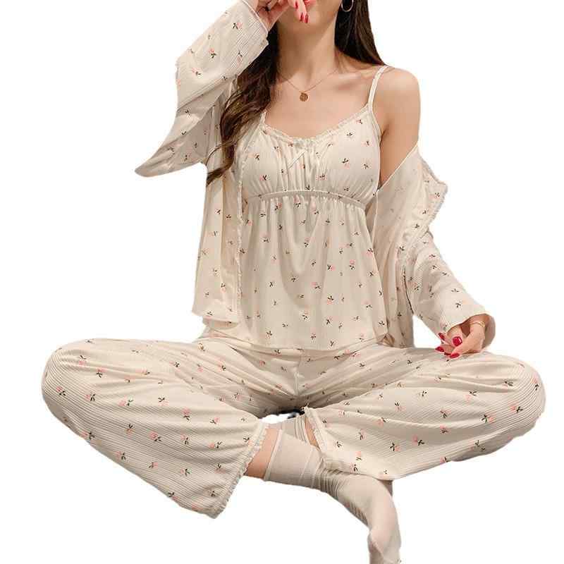 パジャマ レディース 春秋 薄手 3点セット かわいい 水玉模様 キャミソール 長ズボン 長袖 カーディガン 伸縮性 部屋着 寝間着 ルームウェア 快適 涼しい ブラック ピンク系