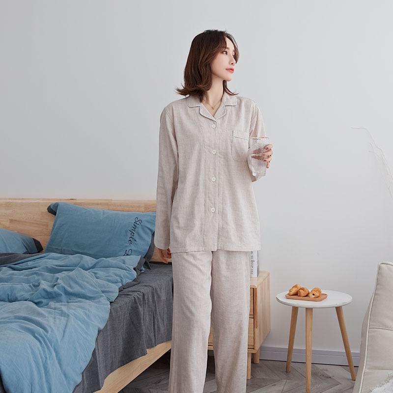 パジャマ レディース メンズ 長袖 長ズボン 上下セット 綿100％ 二重ガーゼ Vネック 寝巻き 部屋着 ルームウェア 春夏 秋冬 涼しい 暖かい 快適 リラックス 通気性 吸水性 ゆったり 肌に優しい かわいい M L XL XXL アイボリー ピン