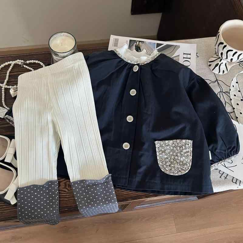 子供服 女の子 2 点セット 紺色 ジャケット 水玉模様 レギンス 春秋 かわいい ガールズ 普段着